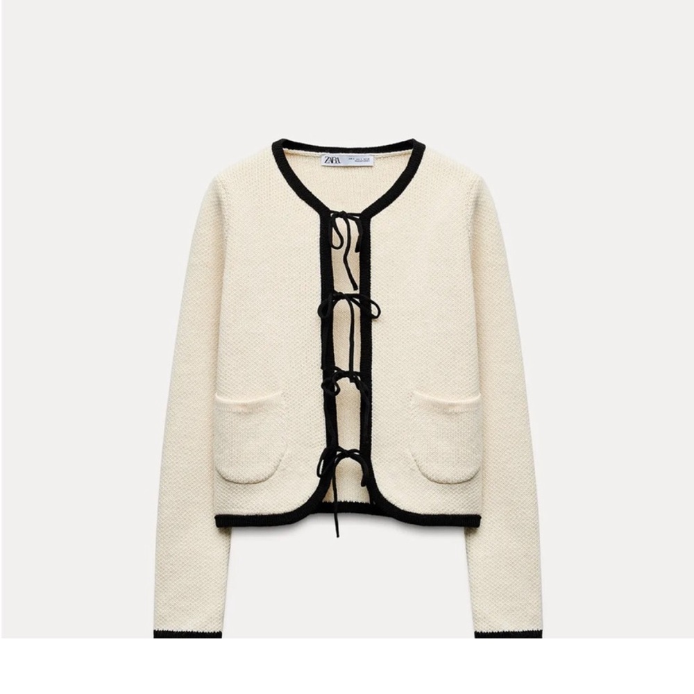 Zara Women's Elegant Cream Cardigan with Black Trim size medium